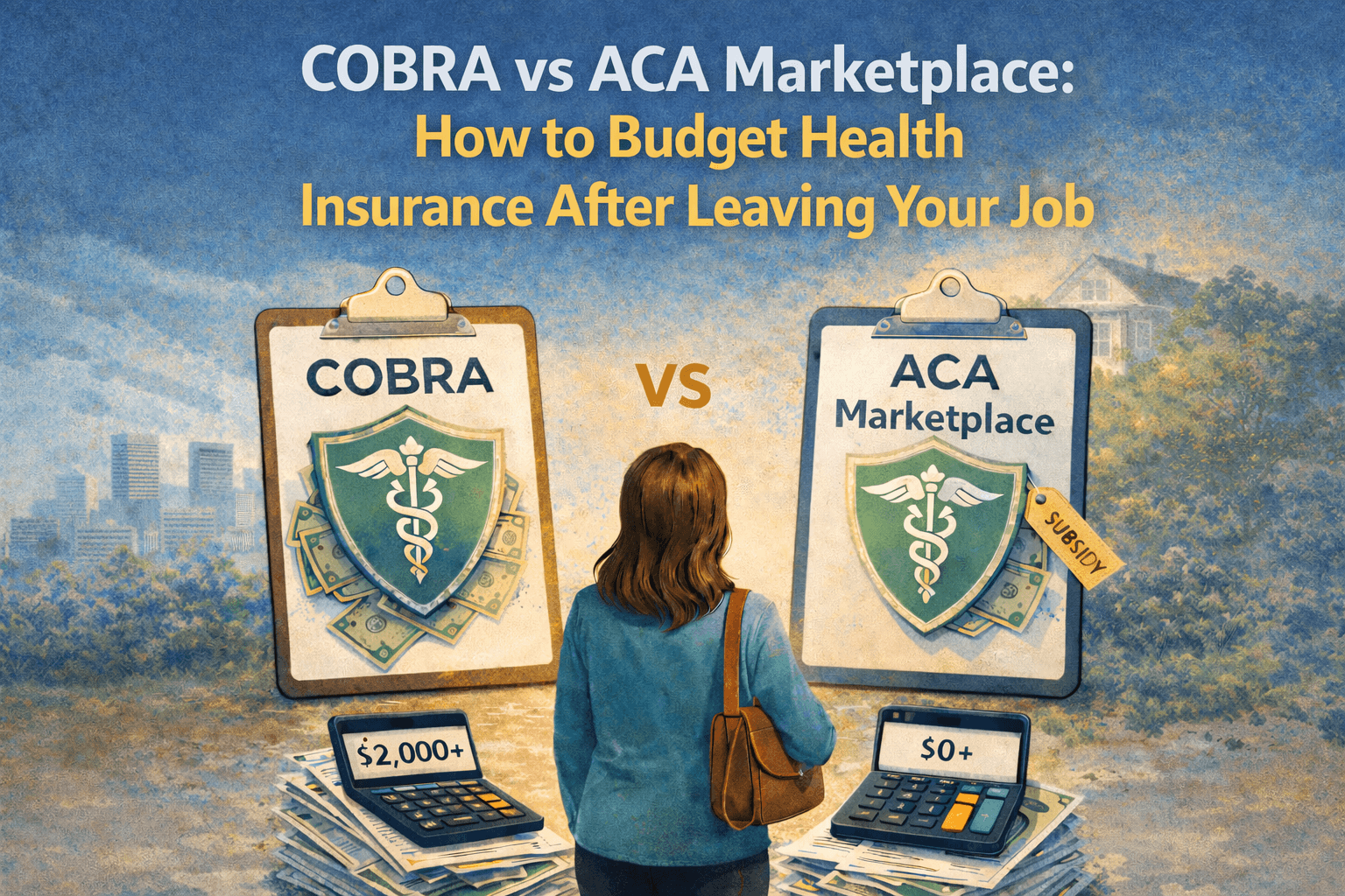 Illustration comparing COBRA and ACA Marketplace health insurance costs after leaving a job
