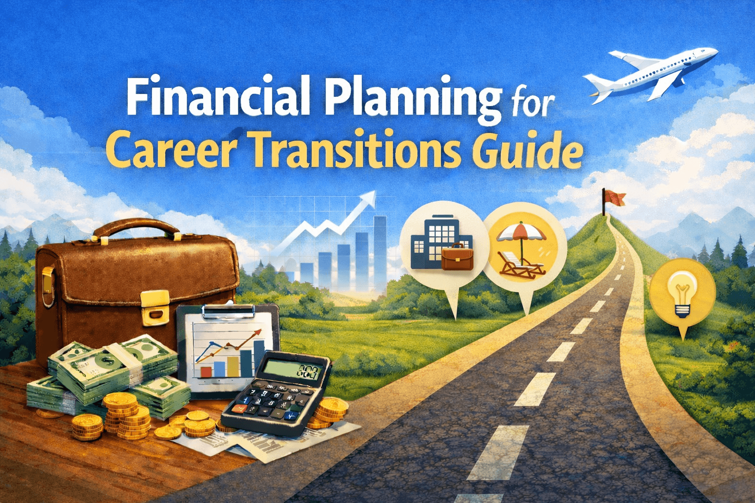 Illustration of a career transition roadmap with financial planning tools, charts, and travel imagery