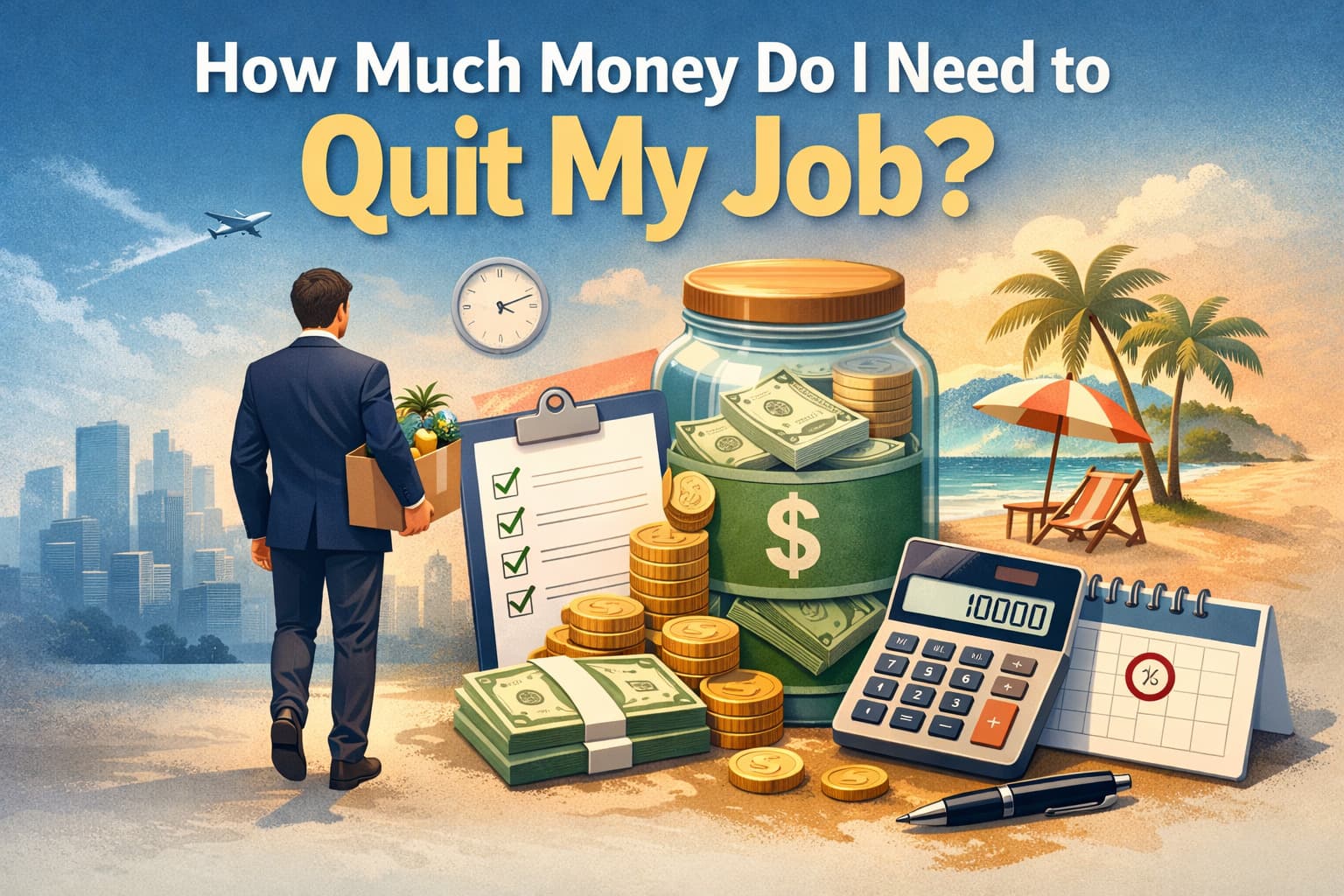 Illustration of a worker, calculator, and savings jar for estimating how much money to save before quitting a job